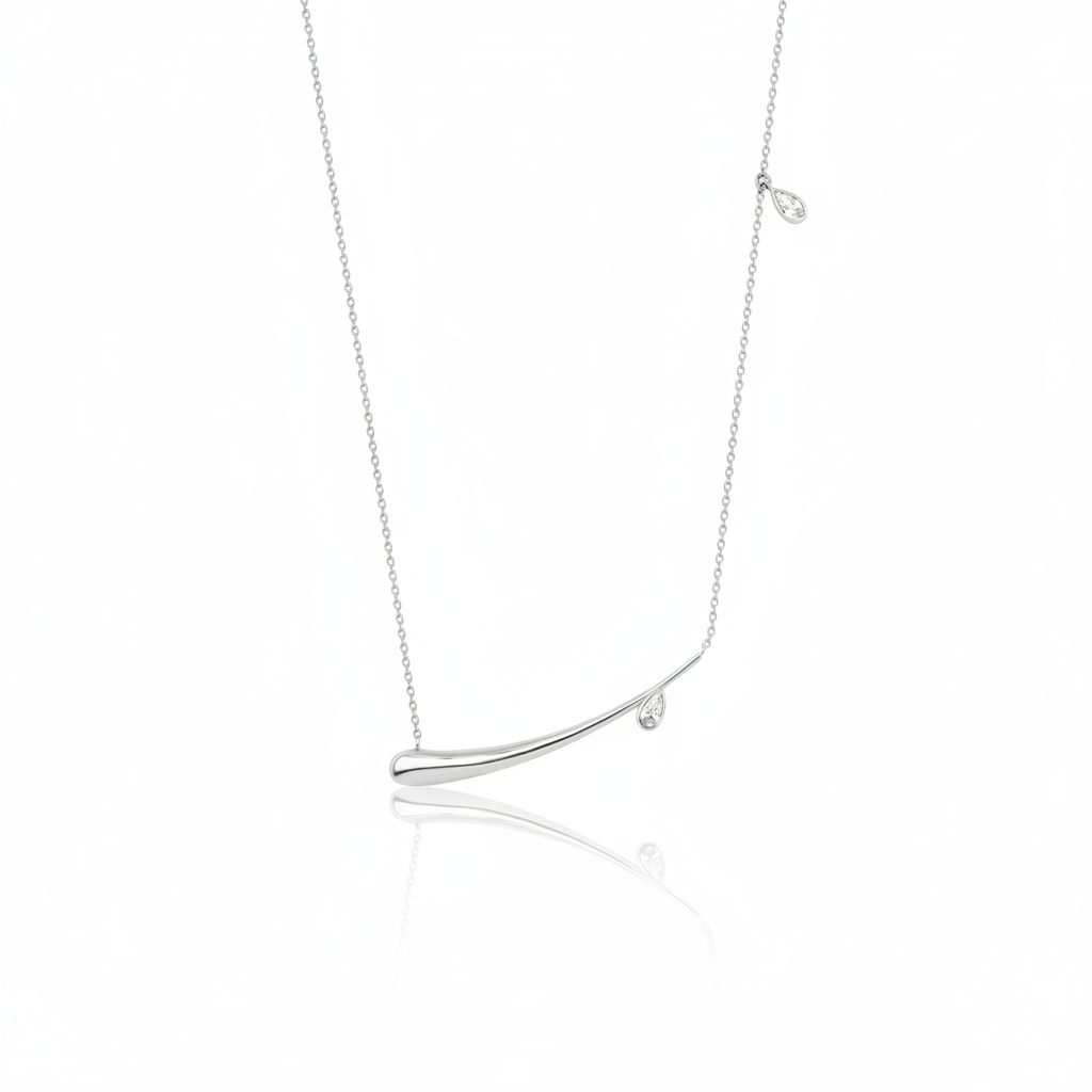white gold horizontal teardrop bar necklace on white background