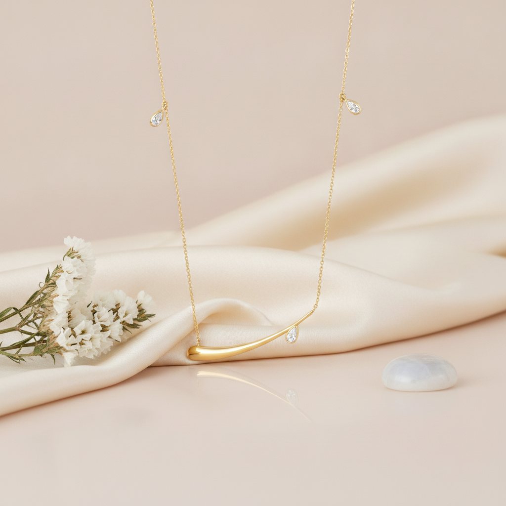 yellow gold horizontal teardrop bar necklace with pear-cut stones, styled on cream silk with dried flowers and a translucent stone