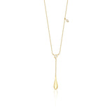 yellow gold lariat drop necklace on white background