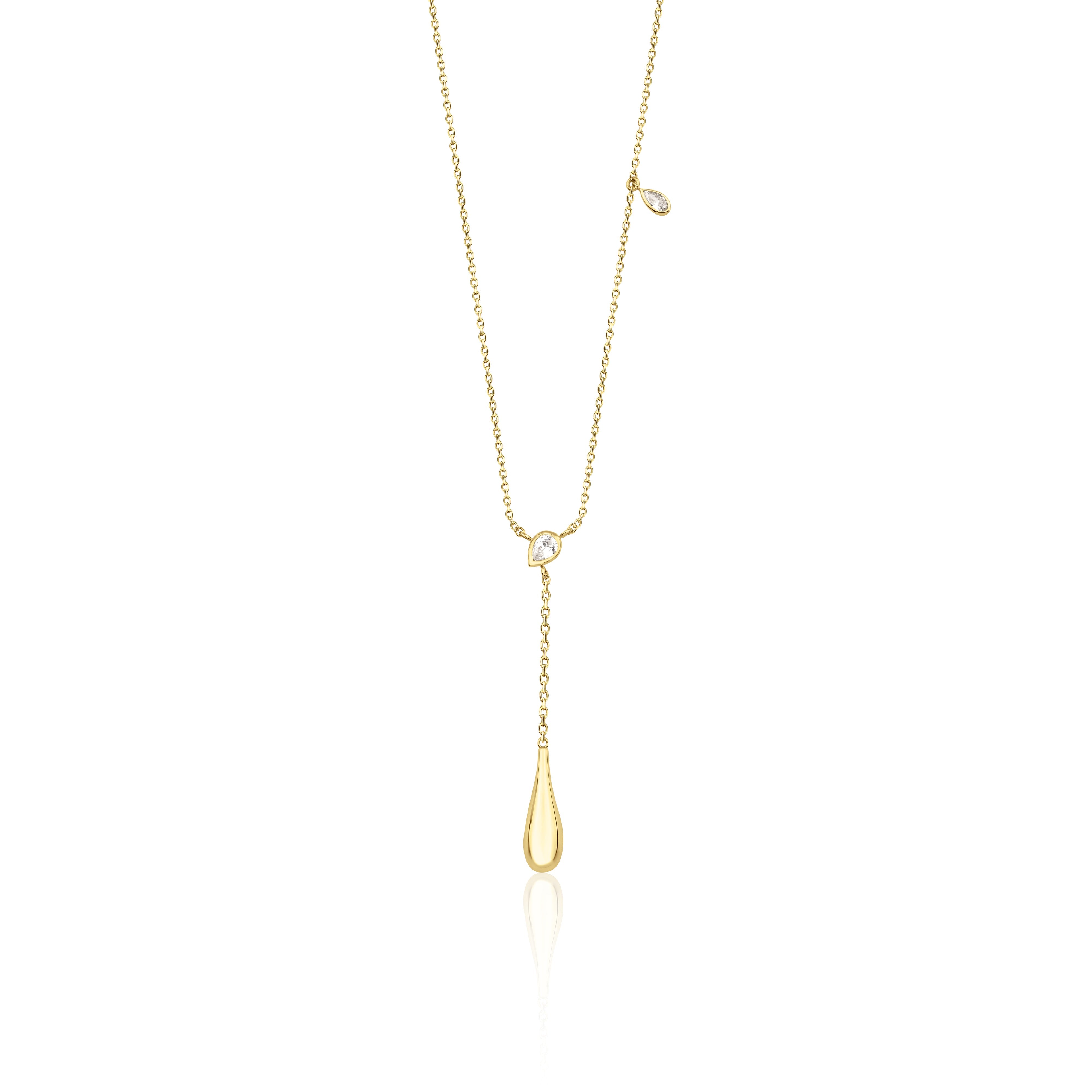 yellow gold lariat drop necklace on white background