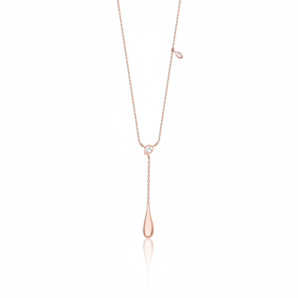 rose gold lariat drop necklace on white background