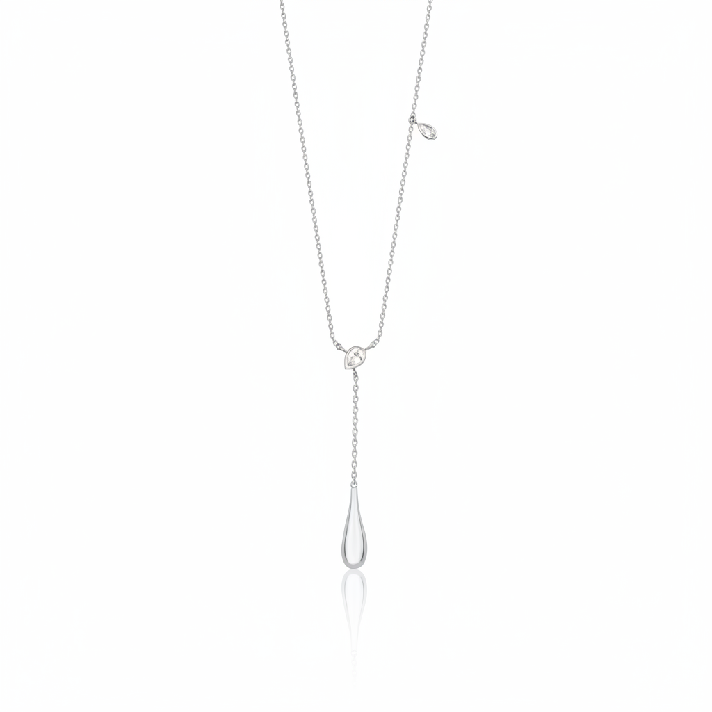 white gold lariat drop necklace on white background