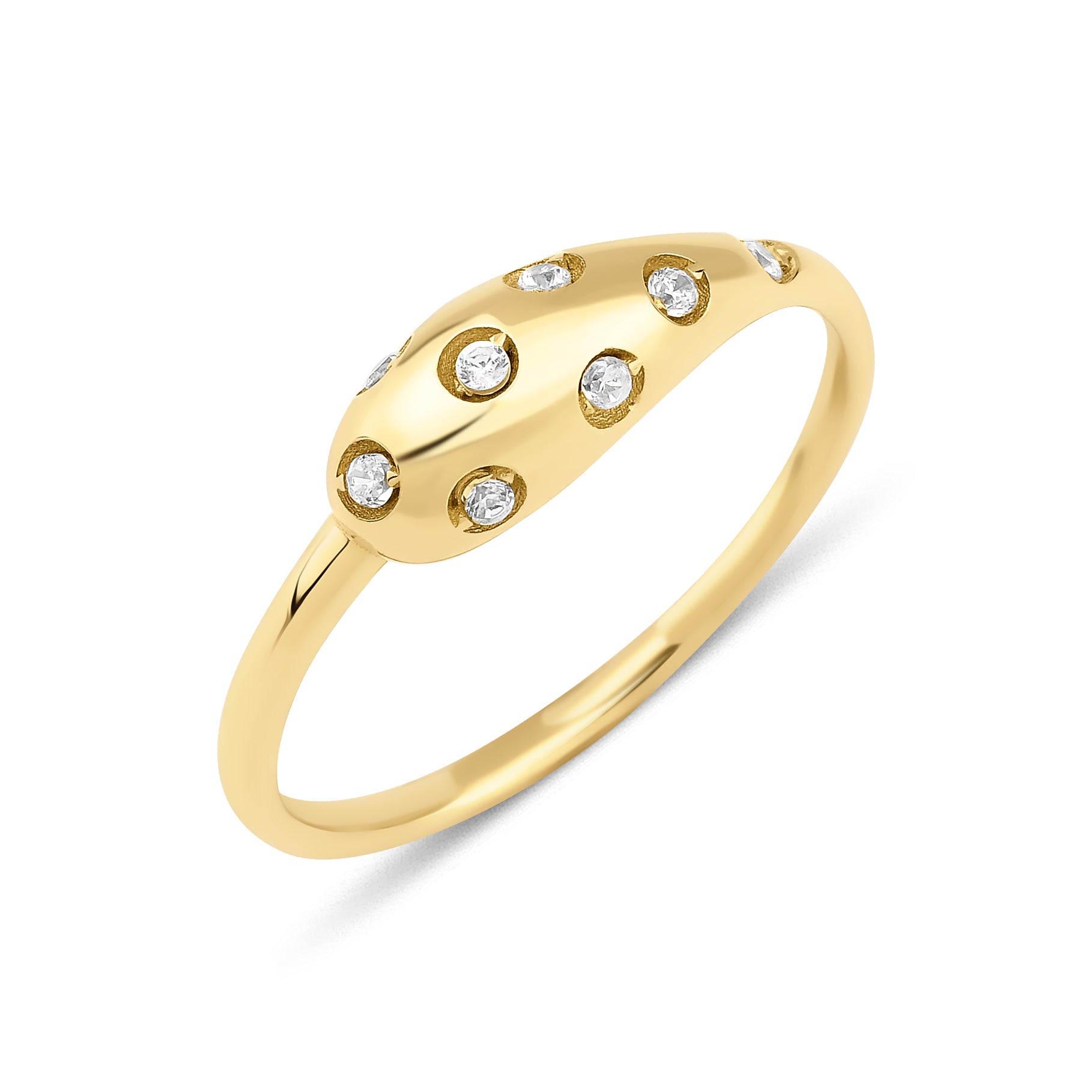 yellow gold star-set dome ring with flush-set stones on white background