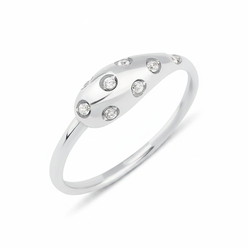 white gold star-set dome ring with flush-set stones on white background
