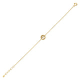 yellow gold beaded halo bracelet with a pearl and clear stones on white background