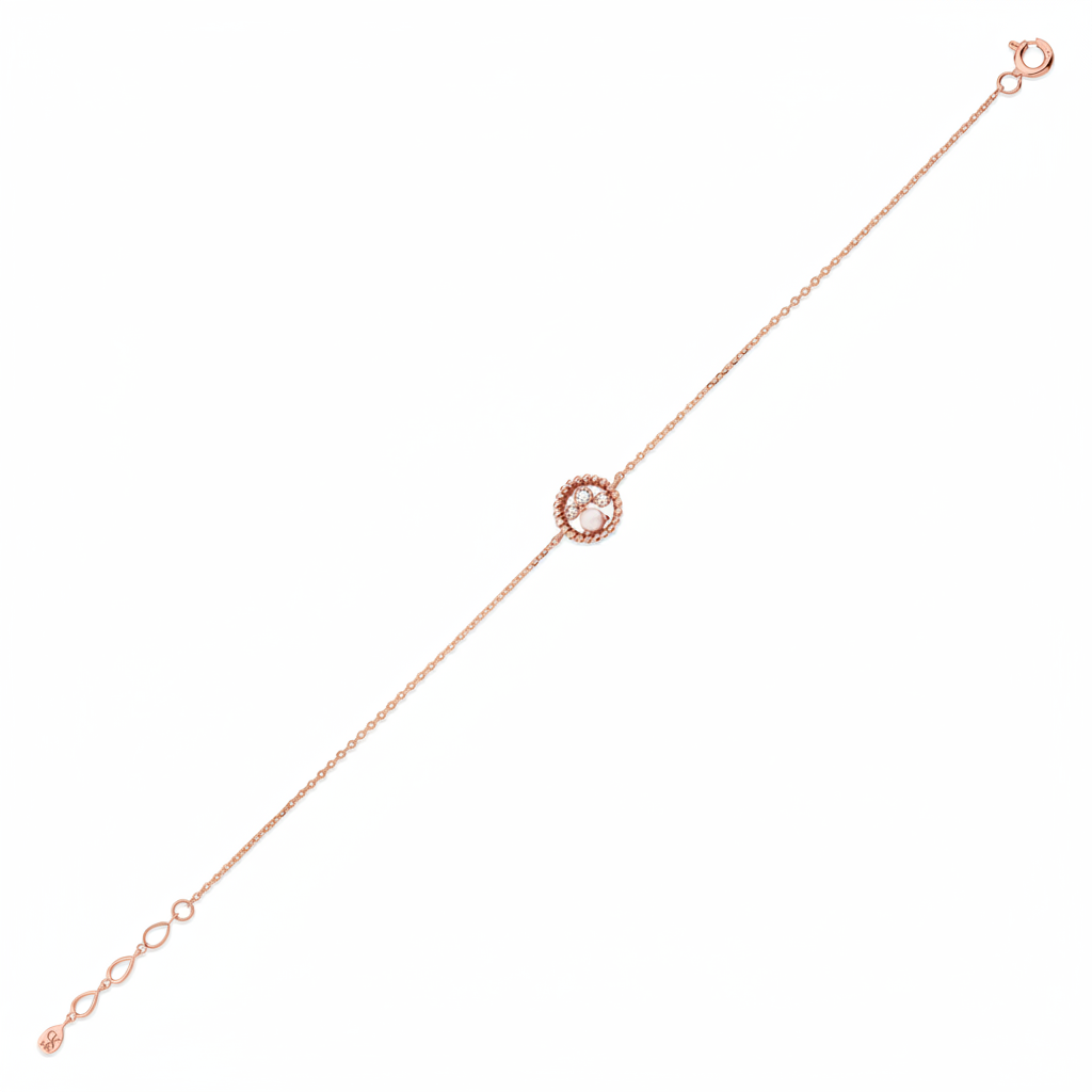 rose gold beaded halo bracelet with a pearl and clear stones on white background
