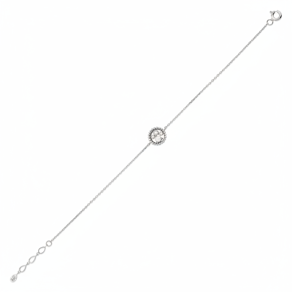 white gold beaded halo bracelet with a pearl and clear stones on white background