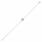 white gold beaded halo bracelet with a pearl and clear stones on white background