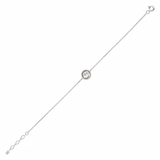 white gold beaded halo bracelet with a pearl and clear stones on white background