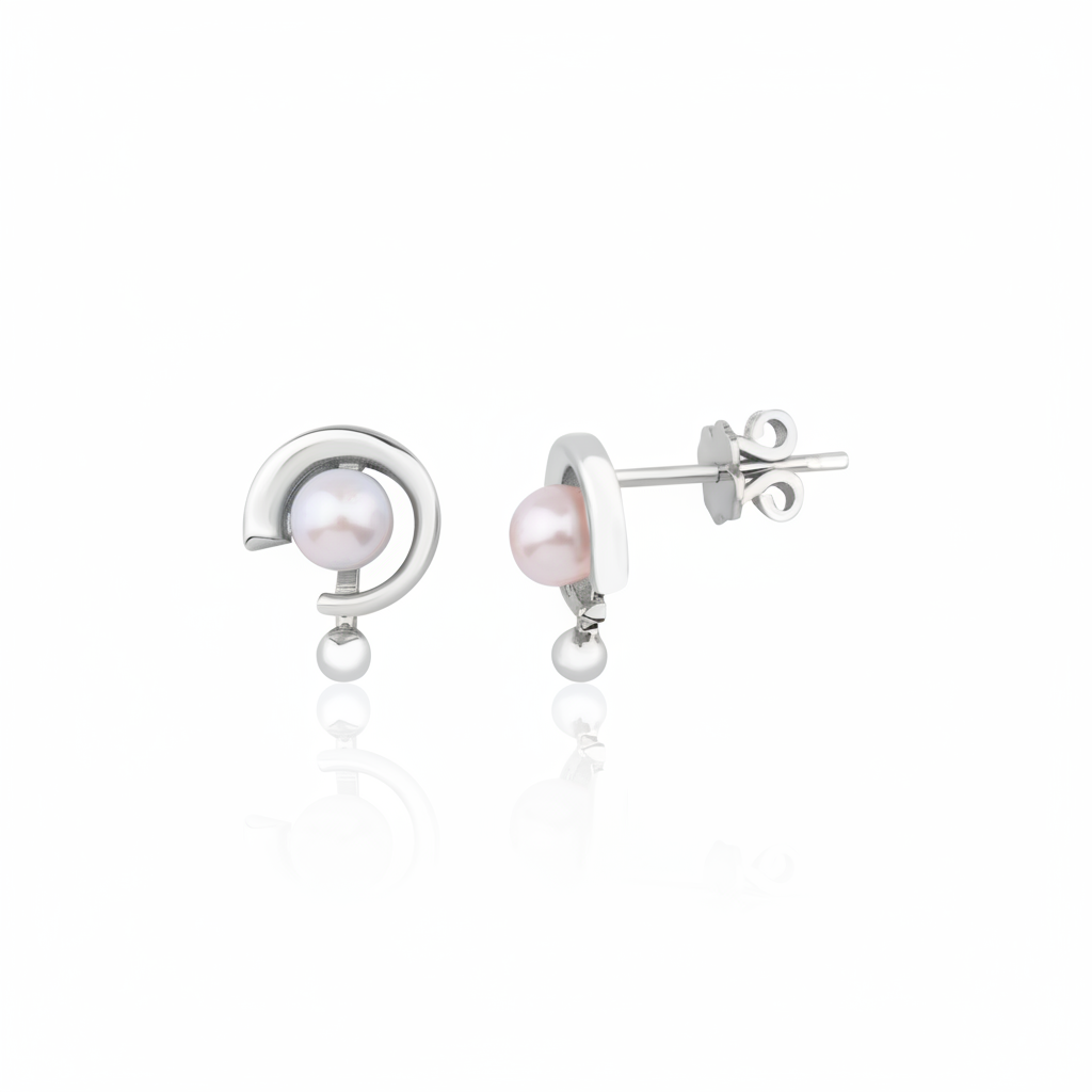 white gold arc stud earrings with a pearl on white background