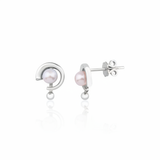 white gold arc stud earrings with a pearl on white background