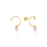 yellow gold marquise hoop earrings with a dangling pearl on white background