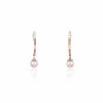 rose gold marquise hoop earrings with a dangling pearl on white background