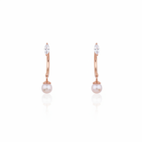 rose gold marquise hoop earrings with a dangling pearl on white background