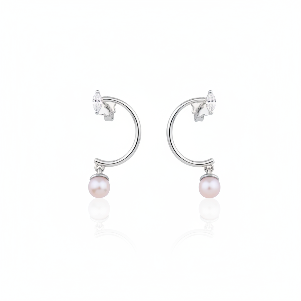 white gold marquise hoop earrings with a dangling pearl on white background
