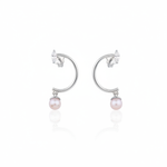 white gold marquise hoop earrings with a dangling pearl on white background