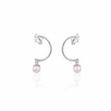 white gold marquise hoop earrings with a dangling pearl on white background