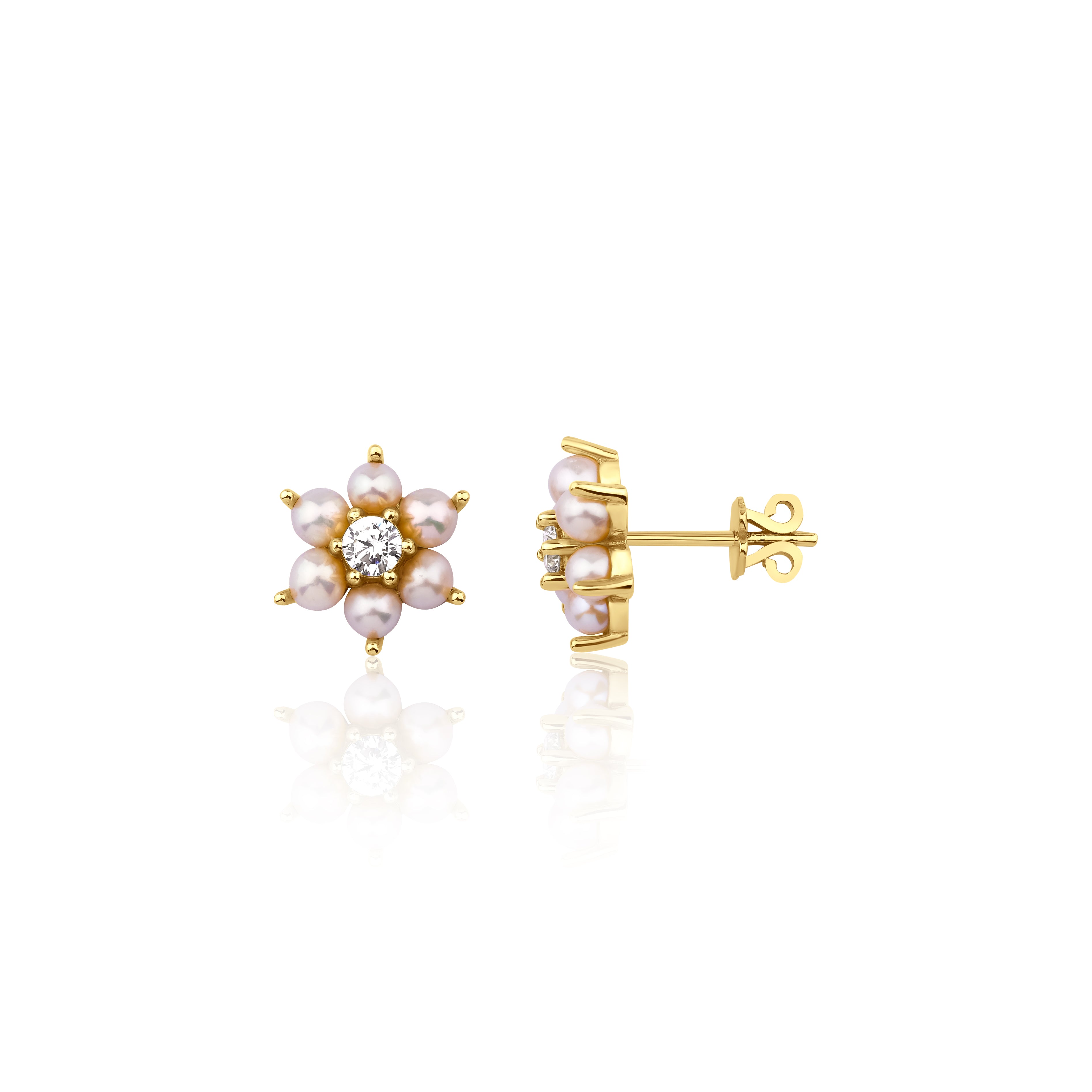 yellow gold floral halo stud earrings with pearls on white background