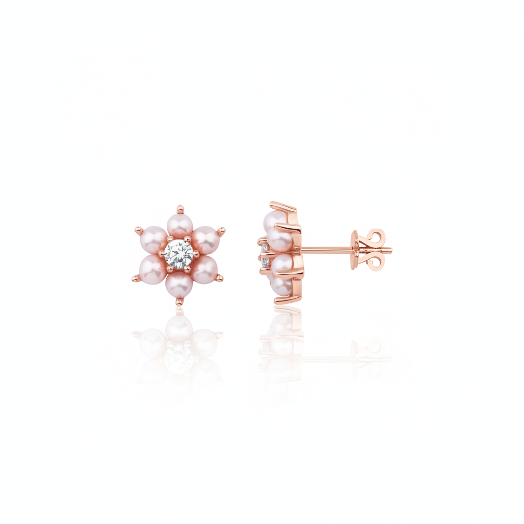 rose gold floral halo stud earrings with pearls on white background