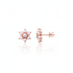 rose gold floral halo stud earrings with pearls on white background