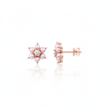 rose gold floral halo stud earrings with pearls on white background