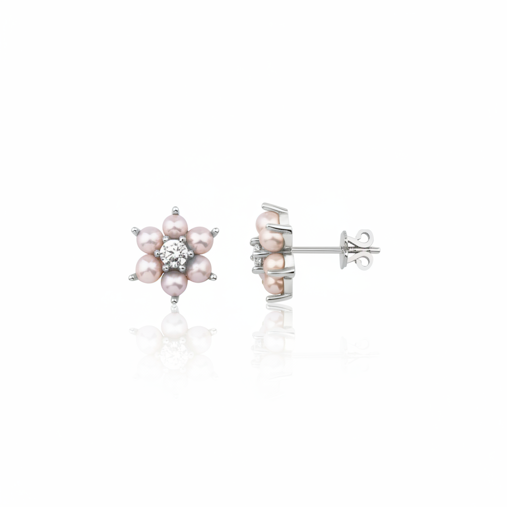 white gold floral halo stud earrings with pearls on white background