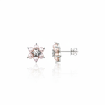 white gold floral halo stud earrings with pearls on white background