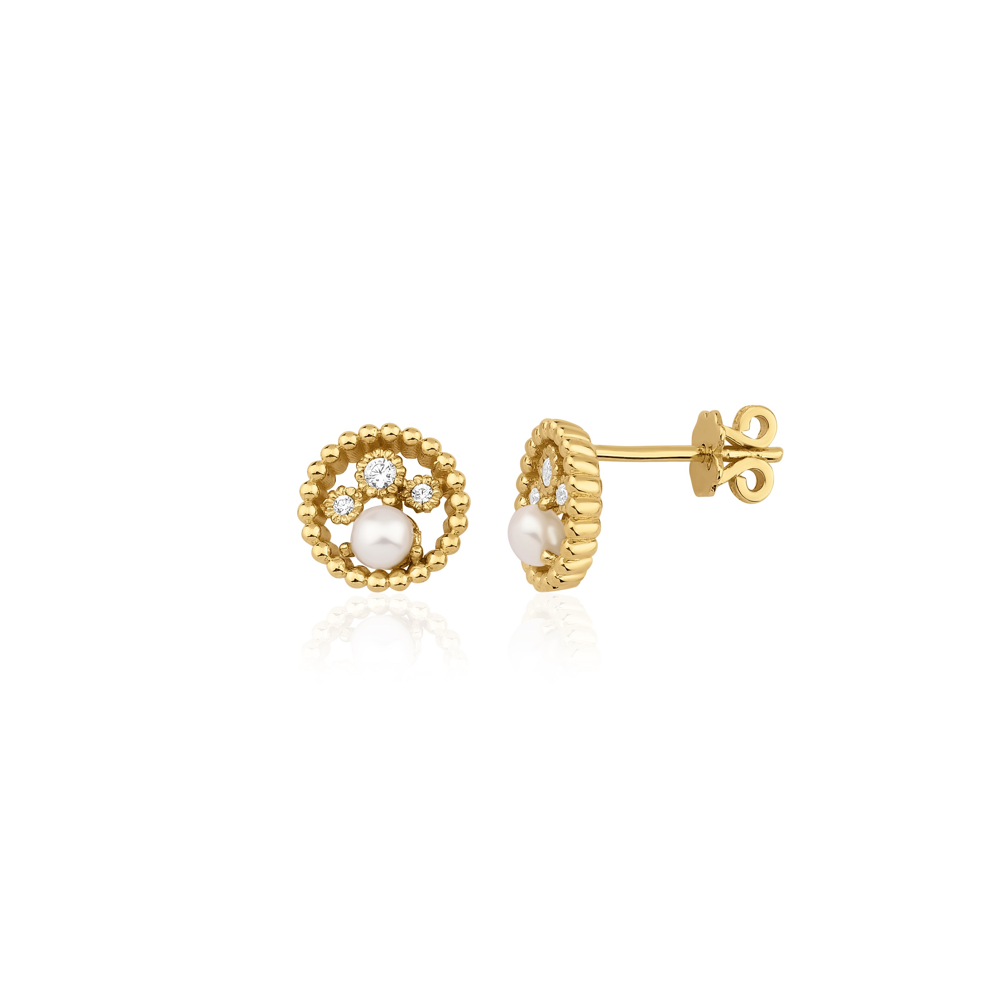 yellow gold beaded circle stud earrings with a pearl on white background