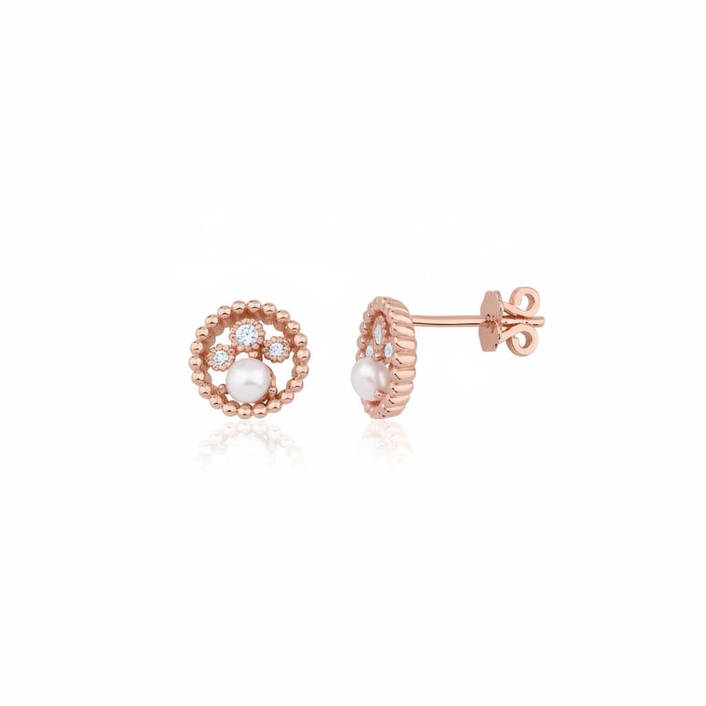 rose gold beaded circle stud earrings with a pearl on white background