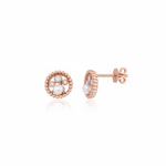 rose gold beaded circle stud earrings with a pearl on white background