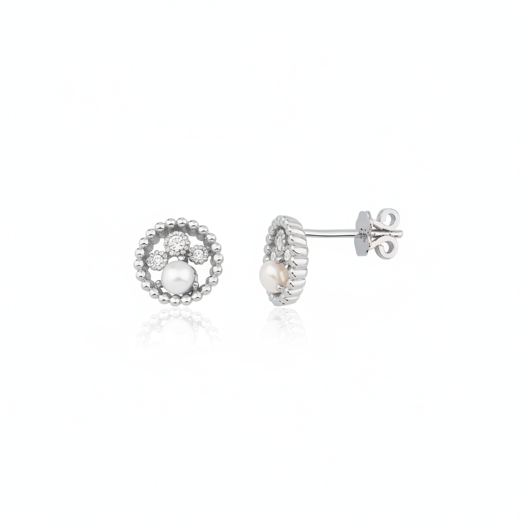 white gold beaded circle stud earrings with a pearl on white background