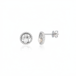white gold beaded circle stud earrings with a pearl on white background