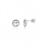 white gold beaded circle stud earrings with a pearl on white background