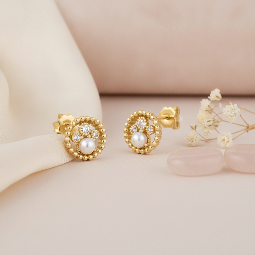 yellow gold beaded circle stud earrings with a pearl and clear stones, styled on cream silk with dried baby's breath and rose quartz stones