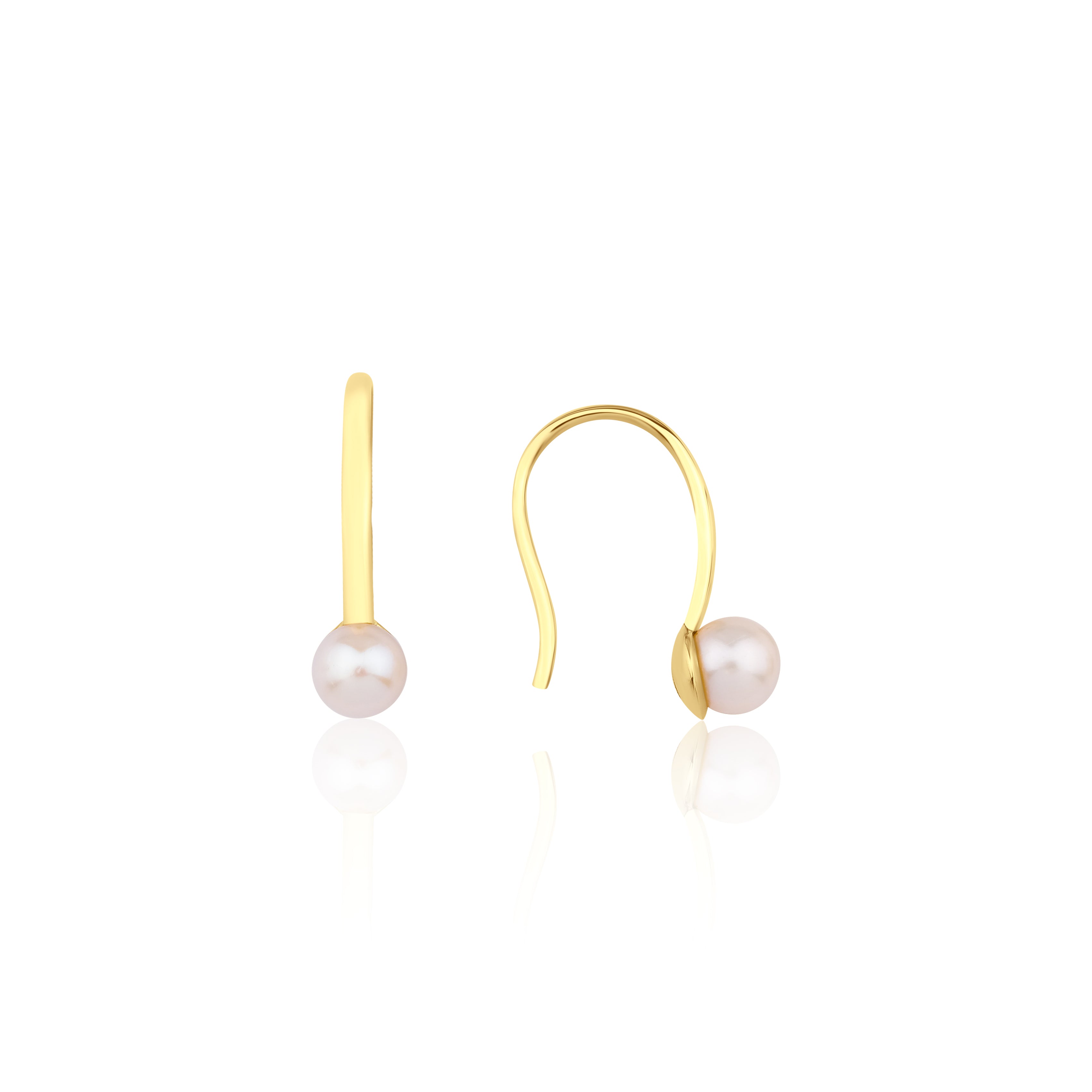 yellow gold hook drop earrings with a pearl on white background