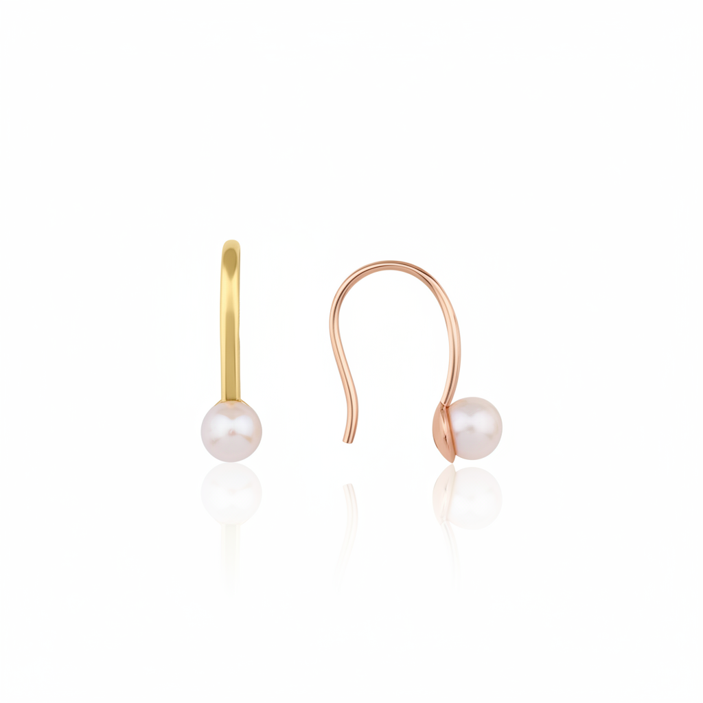 rose gold hook drop earrings with a pearl on white background