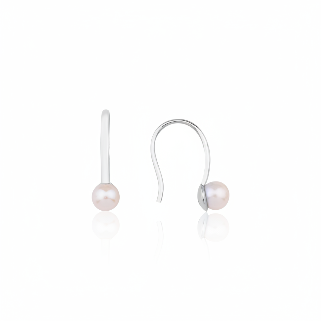 white gold hook drop earrings with a pearl on white background