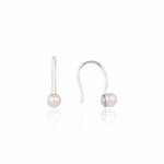 white gold hook drop earrings with a pearl on white background