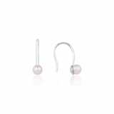 white gold hook drop earrings with a pearl on white background