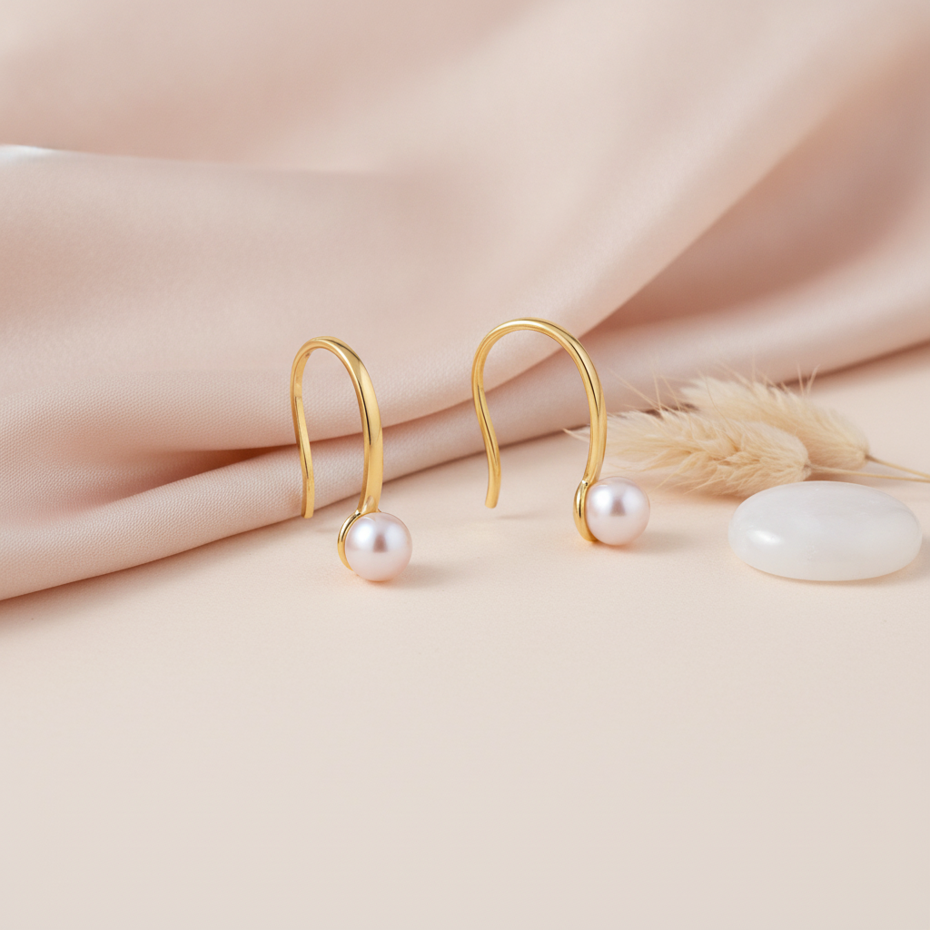 yellow gold hook earrings with a single pearl, styled on cream silk with a dried leaf and a translucent stone