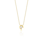 yellow gold crescent pendant necklace with a pearl on white background