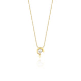 yellow gold crescent pendant necklace with a pearl on white background