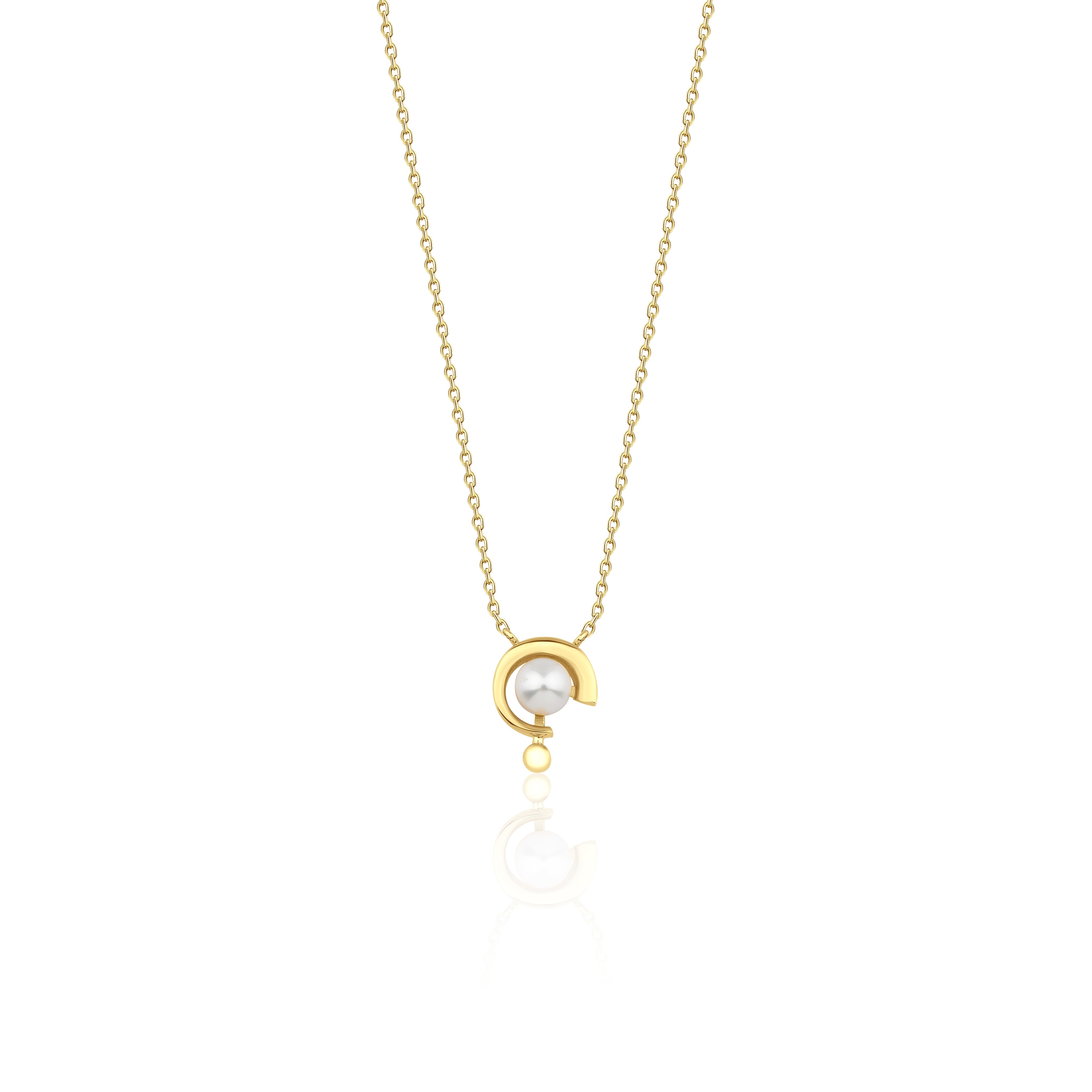 yellow gold crescent pendant necklace with a pearl on white background