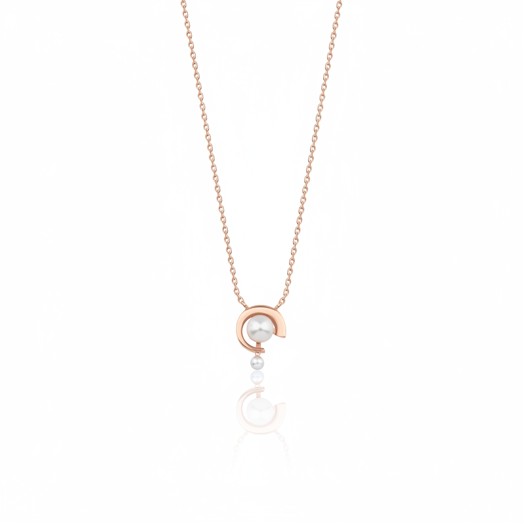 rose gold crescent pendant necklace with a pearl on white background