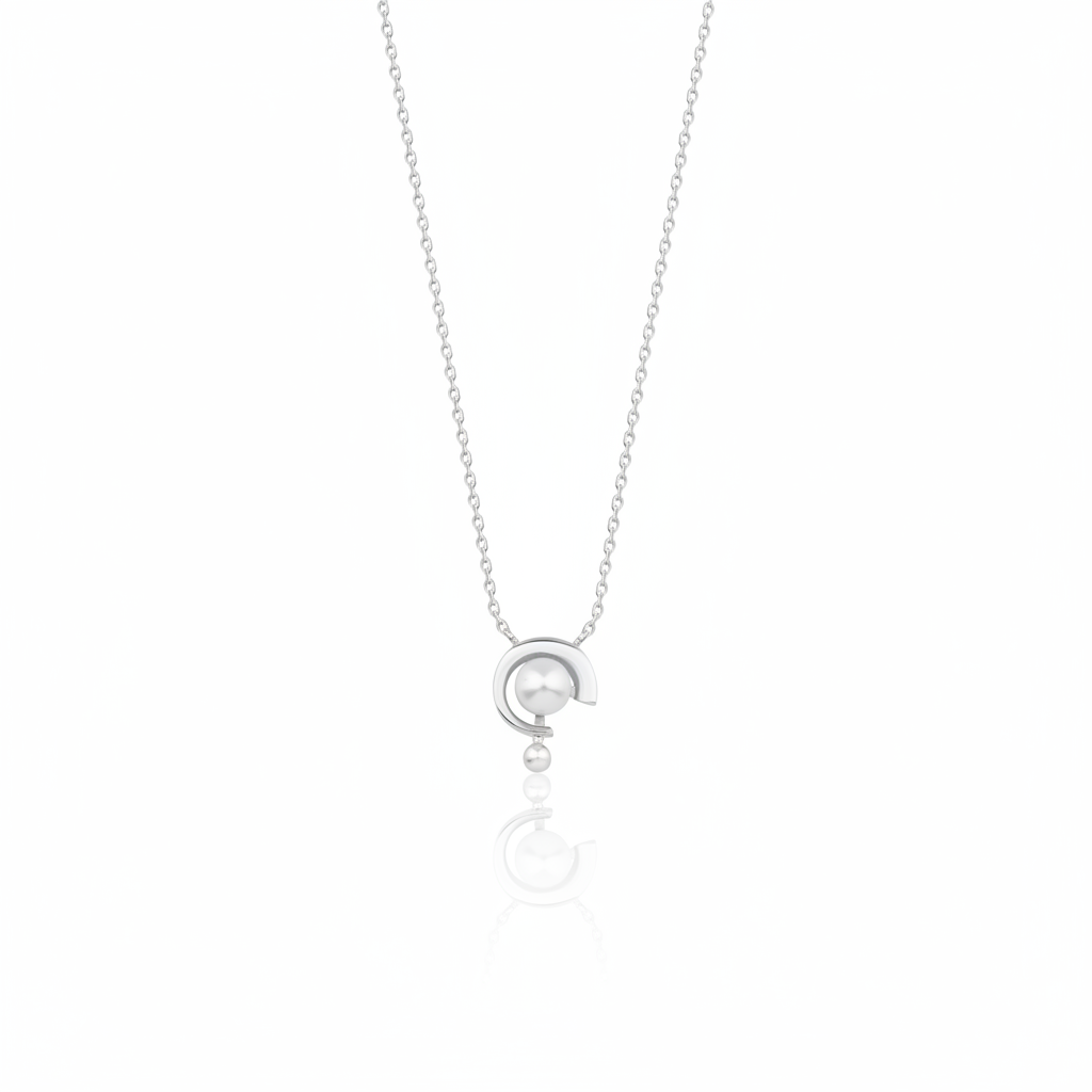 white gold crescent pendant necklace with a pearl on white background