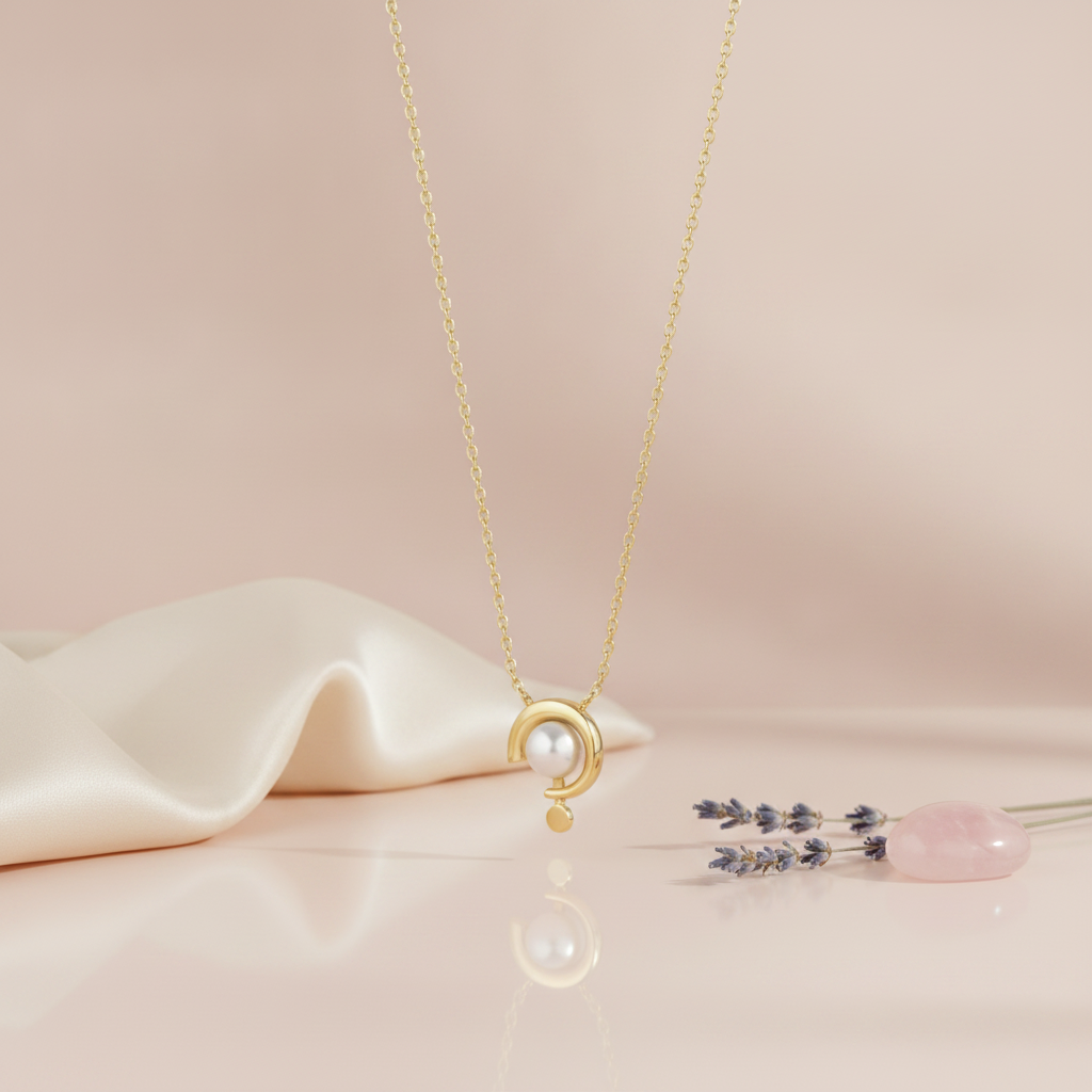 yellow gold crescent pendant necklace with a single pearl, styled on cream silk with dried lavender and a rose quartz stone