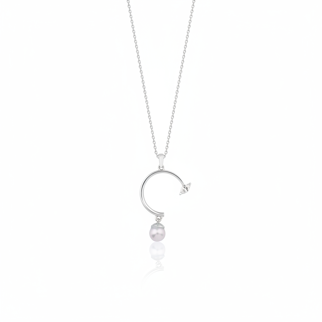 white gold open arc pendant necklace with a dangling pearl on white background