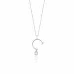 white gold open arc pendant necklace with a dangling pearl on white background
