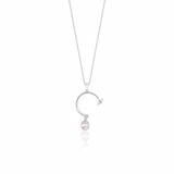 white gold open arc pendant necklace with a dangling pearl on white background