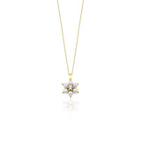 yellow gold floral cluster pendant necklace with pearls on white background